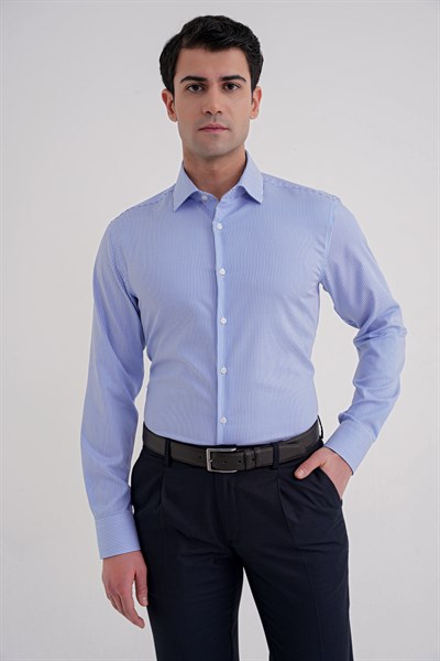 Slim Fit %100 Pamuk İtalyan Yaka Çizgili Mavi Gömlek GK 751