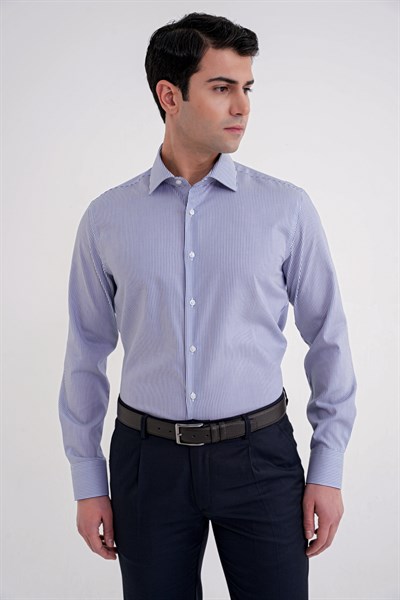 Slim Fit %100 Pamuk İtalyan Yaka Çizgili Lacivert Gömlek GK 751