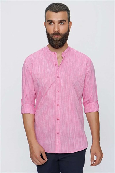 Slim Fit %100 Pamuk Katlamalı Kol Mercan Hakim Yaka Gömlek G 1498