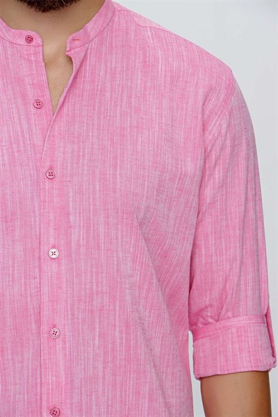 Slim Fit %100 Pamuk Katlamalı Kol Mercan Hakim Yaka Gömlek G 1498
