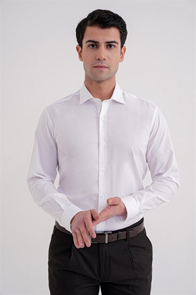 Slim Fit %100 Pamuk Kravat Yaka Düz Beyaz Gömlek GK 757