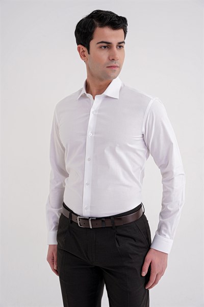 Slim Fit %100 Pamuk Kravat Yaka Düz Beyaz Gömlek GK 757
