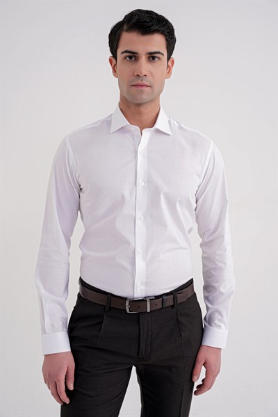 Slim Fit %100 Pamuk Kravat Yaka Düz Beyaz Gömlek GK 757