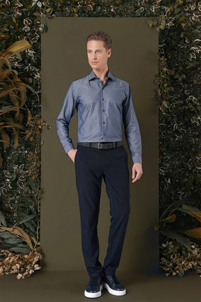 Slim Fit %100 Pamuk Kravat Yaka Düz Füme Gömlek GK 709