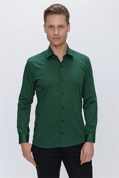 Slim Fit %100 Pamuk Kravat Yaka Düz Yeşil Gömlek GK 669