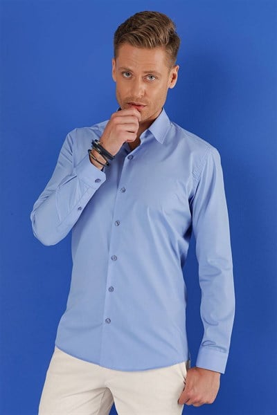 Slim Fit %100 Pamuk Kravat Yaka Koyu Mavi Gömlek GK 683