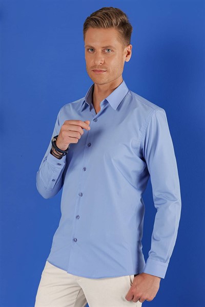 Slim Fit %100 Pamuk Kravat Yaka Koyu Mavi Gömlek GK 683