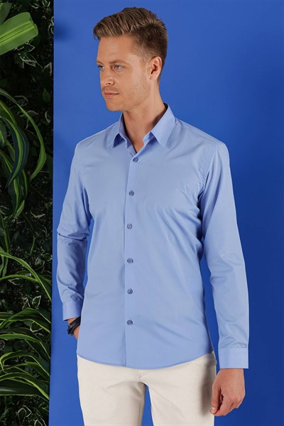 Slim Fit %100 Pamuk Kravat Yaka Koyu Mavi Gömlek GK 683