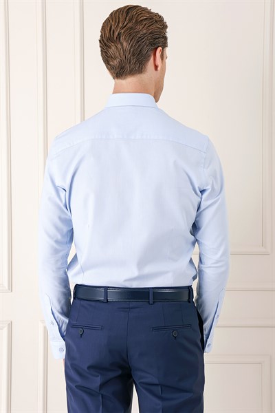 Slim Fit %100 Pamuk Kravat Yaka Pamuklu Dokulu Mavi Gömlek GK 720