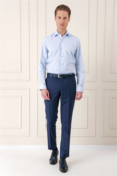 Slim Fit %100 Pamuk Kravat Yaka Pamuklu Dokulu Mavi Gömlek GK 720