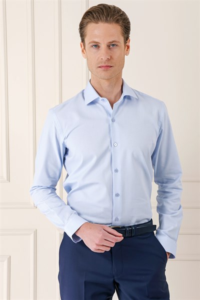 Slim Fit %100 Pamuk Kravat Yaka Pamuklu Dokulu Mavi Gömlek GK 720