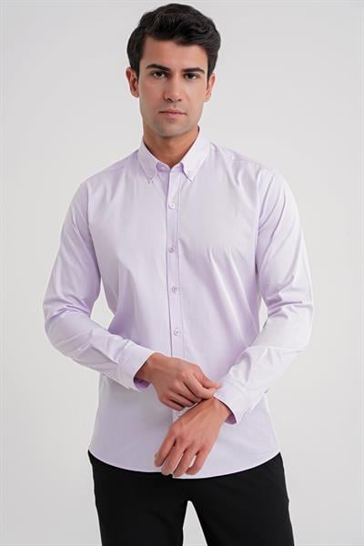 Slim Fit %100 Pamuk Düğme Yakalı Lila Gömlek GK 711