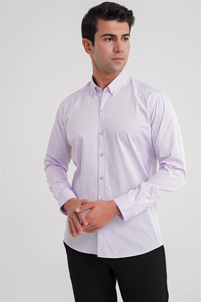 Slim Fit %100 Pamuk Düğme Yakalı Lila Gömlek GK 711