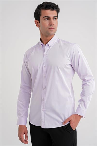 Slim Fit %100 Pamuk Düğme Yakalı Lila Gömlek GK 711