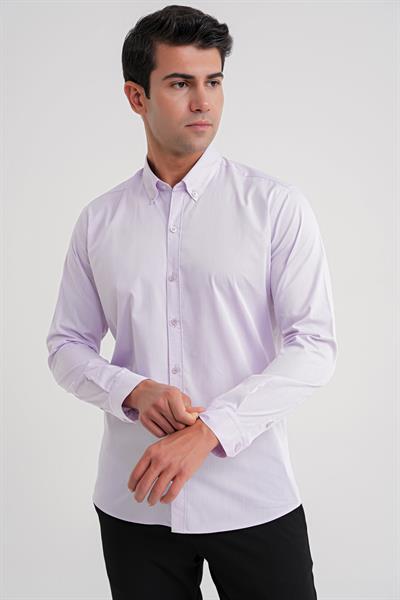 Slim Fit %100 Pamuk Düğme Yakalı Lila Gömlek GK 711