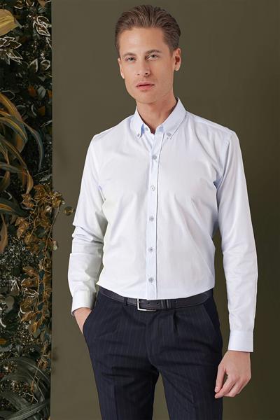 Slim Fit %100 Pamuk Düğme Yakalı Mavi Gömlek GK 711