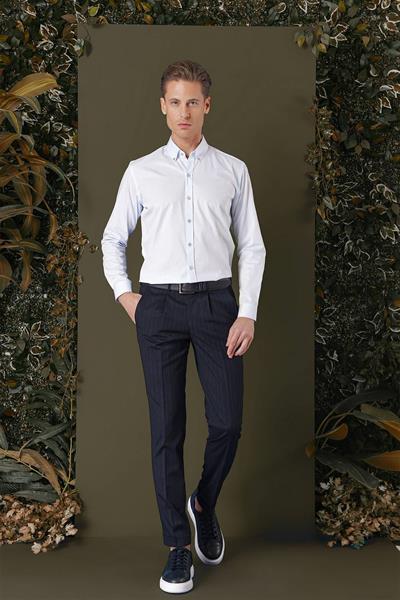 Slim Fit %100 Pamuk Düğme Yakalı Mavi Gömlek GK 711