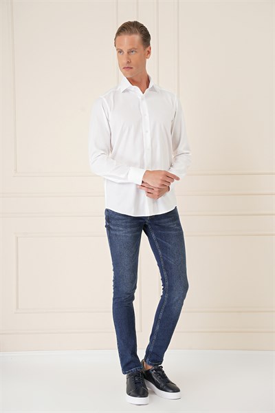 Slim Fit %100 Pamuk Non Iron Kumaş Beyaz Gömlek  Gk 735