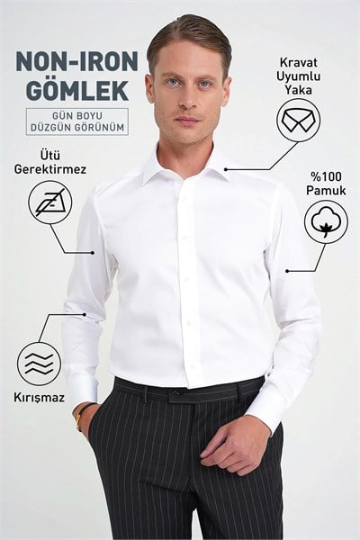 Slim Fit %100 Pamuk Non Iron Kumaş Beyaz Gömlek Gk 734