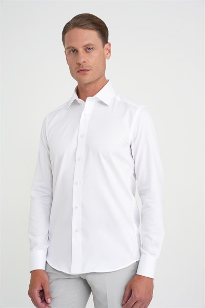 Slim Fit %100 Pamuk Non Iron Kumaş Dokulu Beyaz Gömlek Gk 744