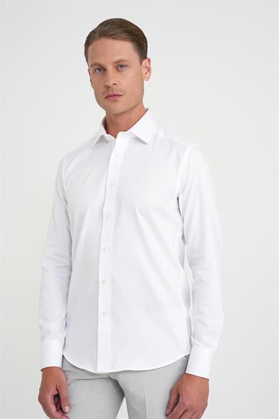 Slim Fit %100 Pamuk Non Iron Kumaş Dokulu Klasik Beyaz Gömlek Gk 744