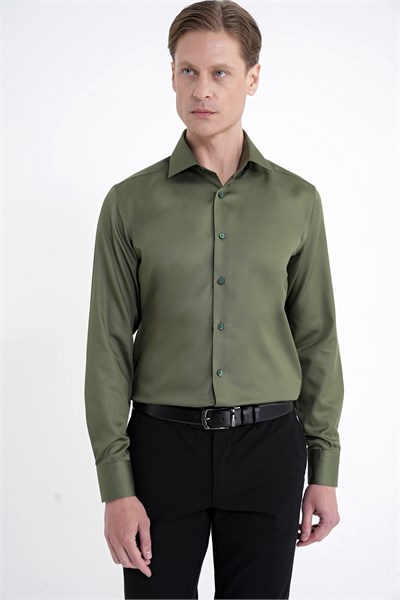 Slim Fit %100 Pamuk Non Iron Kumaş Haki Gömlek Gk 734