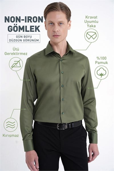 Slim Fit %100 Pamuk Non Iron Kumaş Haki Gömlek Gk 734