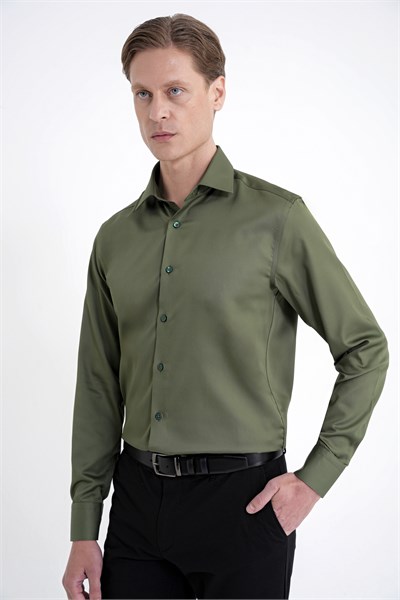 Slim Fit %100 Pamuk Non Iron Kumaş Haki Gömlek Gk 734