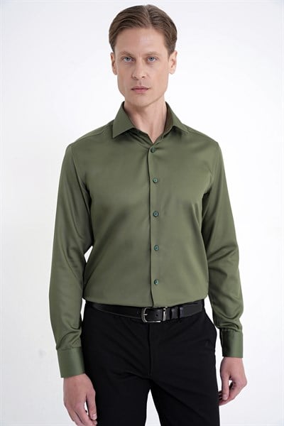 Slim Fit %100 Pamuk Non Iron Kumaş Haki Gömlek Gk 734