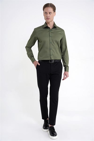 Slim Fit %100 Pamuk Non Iron Kumaş Haki Gömlek Gk 734