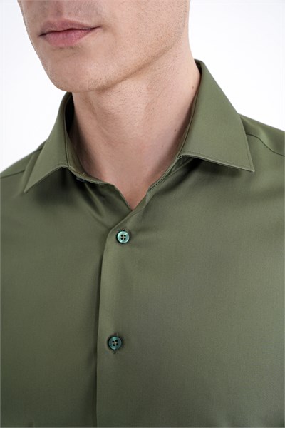 Slim Fit %100 Pamuk Non Iron Kumaş Haki Gömlek Gk 734