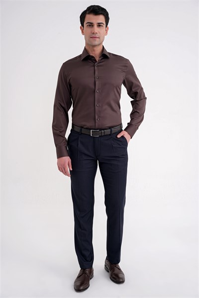 Slim Fit %100 Pamuk Non Iron Kumaş Kahverengi Gömlek Gk 734