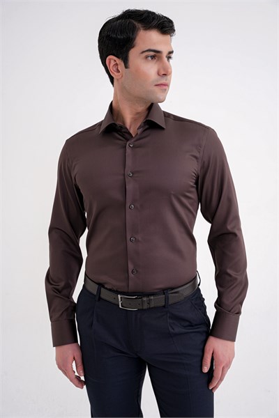 Slim Fit %100 Pamuk Non Iron Kumaş Kahverengi Gömlek Gk 734