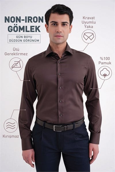 Slim Fit %100 Pamuk Non Iron Kumaş Kahverengi Gömlek Gk 734