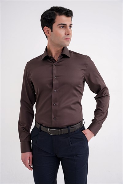 Slim Fit %100 Pamuk Non Iron Kumaş Kahverengi Gömlek Gk 734