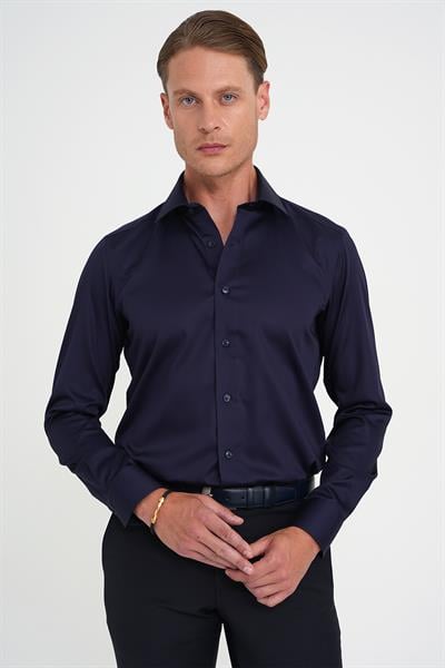 Slim Fit %100 Pamuk Non Iron Kumaş Lacivert Gömlek Gk 734