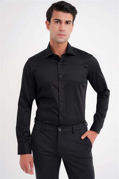 Slim Fit %100 Pamuk Non Iron Kumaş Klasik Siyah Gömlek Gk 734