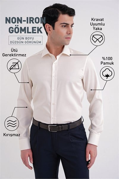 Slim Fit %100 Pamuk Non Iron Kumaş Krem Gömlek Gk 734
