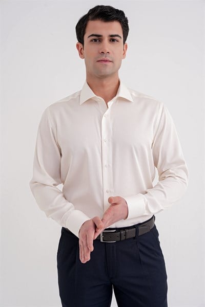 Slim Fit %100 Pamuk Non Iron Kumaş Krem Gömlek Gk 734