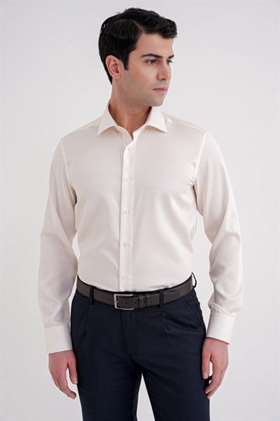 Slim Fit %100 Pamuk Non Iron Kumaş Krem Gömlek Gk 734