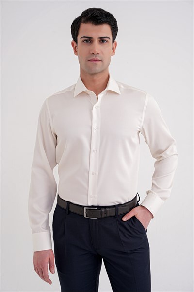 Slim Fit %100 Pamuk Non Iron Kumaş Krem Gömlek Gk 734
