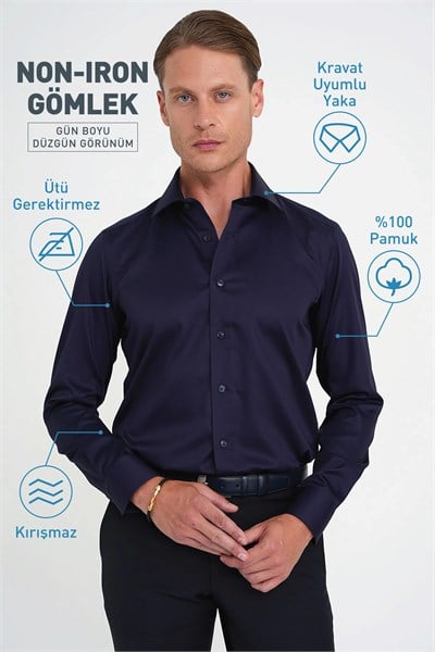 Slim Fit %100 Pamuk Non Iron Kumaş Lacivert Gömlek Gk 734