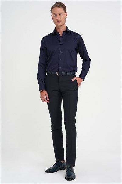 Slim Fit %100 Pamuk Non Iron Kumaş Lacivert Gömlek Gk 734