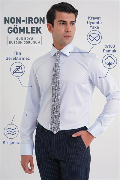 Slim Fit %100 Pamuk Non Iron Kumaş Mavi Gömlek Gk 734
