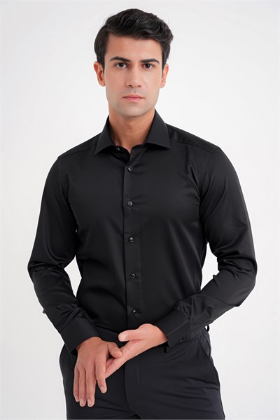 Slim Fit %100 Pamuk Non Iron Kumaş Siyah Gömlek Gk 734
