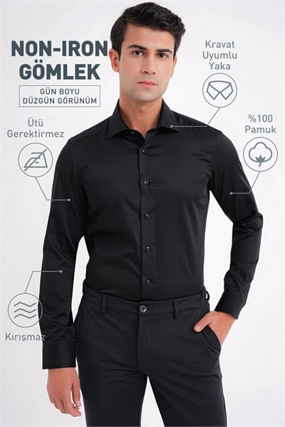 Slim Fit %100 Pamuk Non Iron Kumaş Siyah Gömlek Gk 734