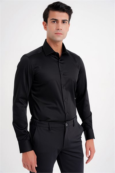 Slim Fit %100 Pamuk Non Iron Kumaş Siyah Gömlek Gk 734