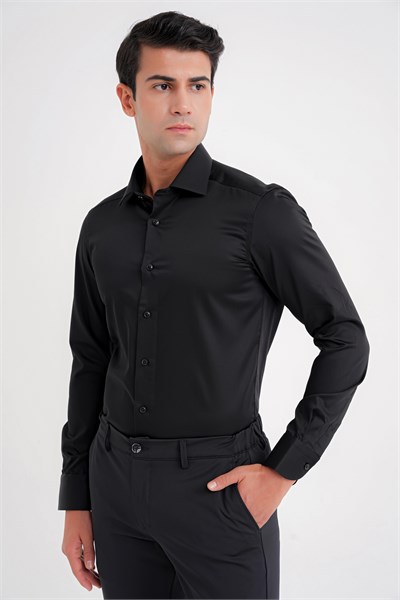 Slim Fit %100 Pamuk Non Iron Kumaş Siyah Gömlek Gk 734