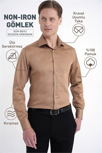 Slim Fit %100 Pamuk Non Iron Kumaş Taba Gömlek Gk 734