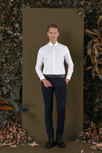 Slim Fit %100 Pamuk Pitikare Dokulu Kravat Yaka Beyaz Gömlek GK 702